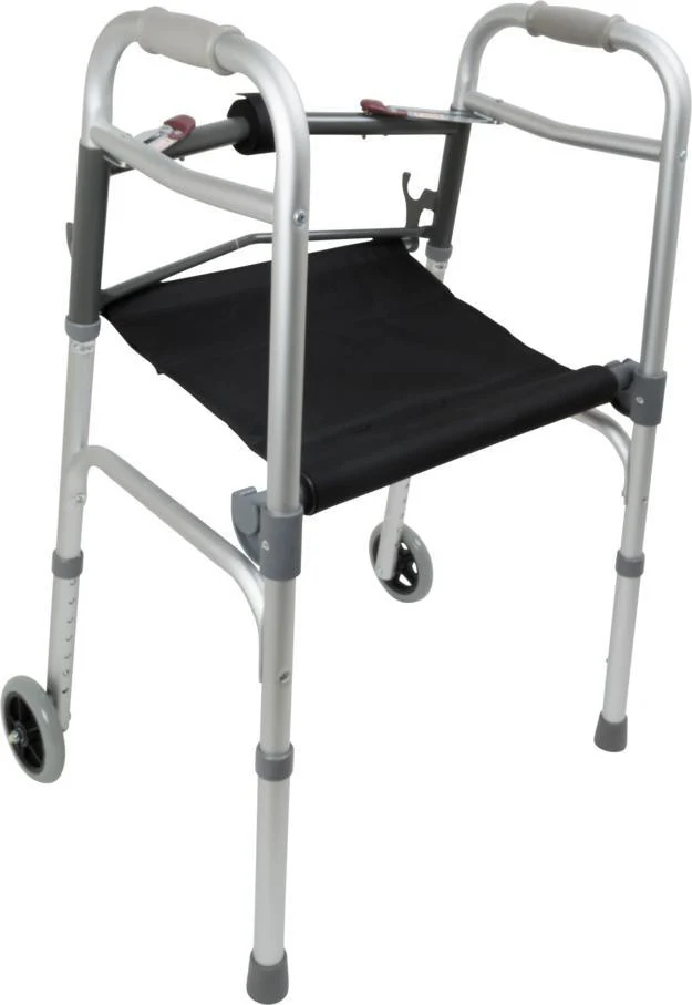 Two-Button Folding Walker with Wheels and Roll-Up Seat - Image 3