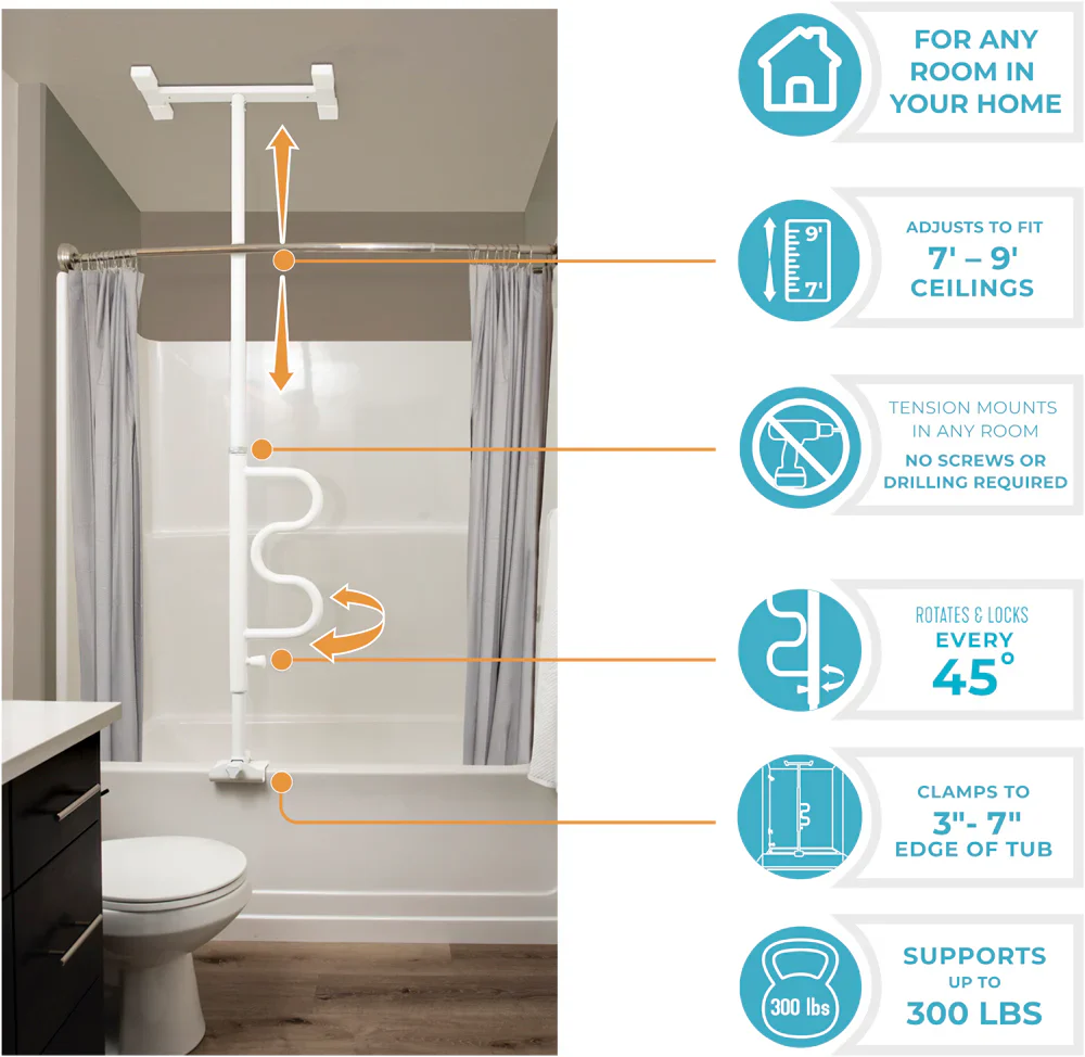 Wonder Bathtub Pole Plus & Curve Grab Bar White - Image 3