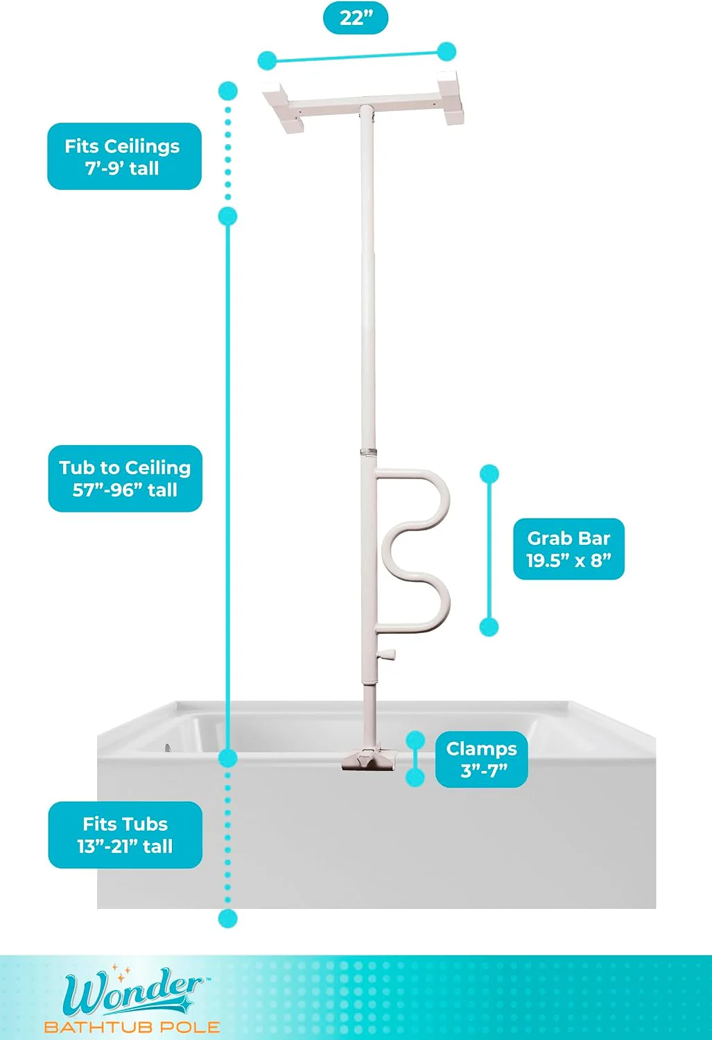 Wonder Bathtub Pole Plus & Curve Grab Bar White - Image 4